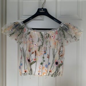 Lucy Paris White Embroidered Off-Shoulder Crop Top